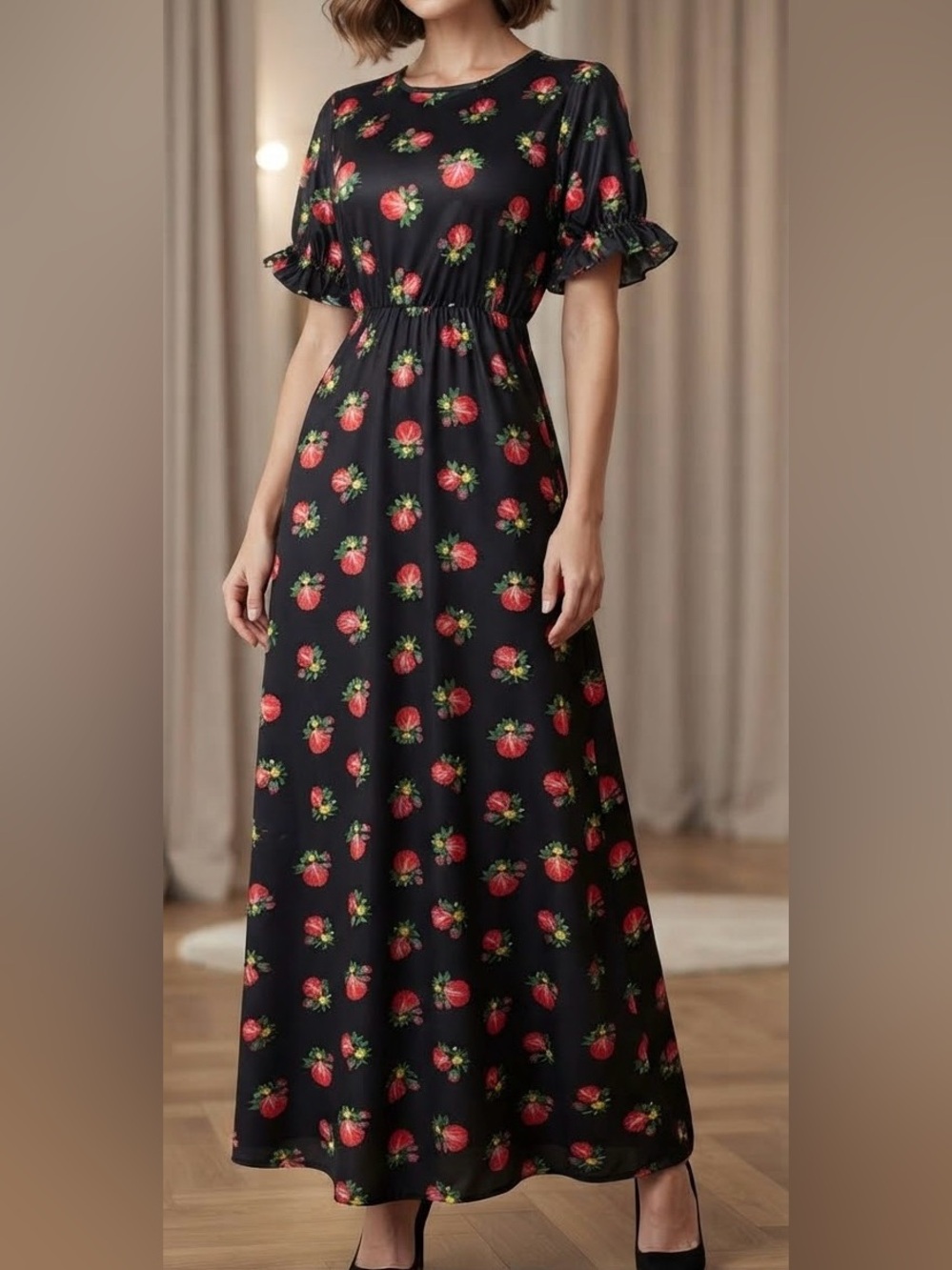 Black Strawberry-Print Maxi Dress